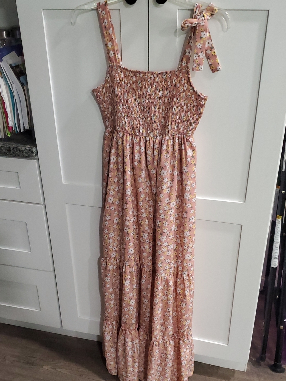 Pink Floral Smocked  Dress with Tie Straps